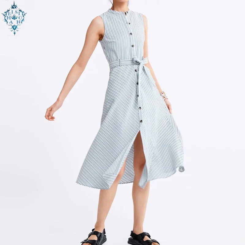 

Ameision women stylish striped sleeveless maxi dress sashes pockets decoate single breasted pleated chic A line long dresses