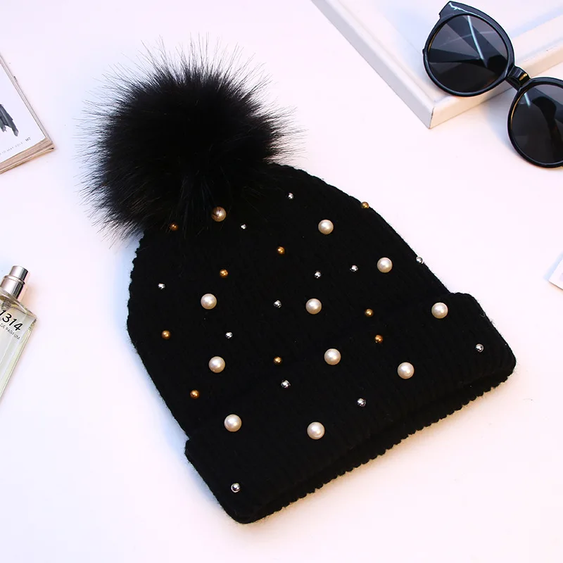 

[Lakysilk] Winter Solid Beading Women Beanie Red Warm Soft Lady's Casual Beanies Fashion Girls Knitted Hats With Pompom For Lady
