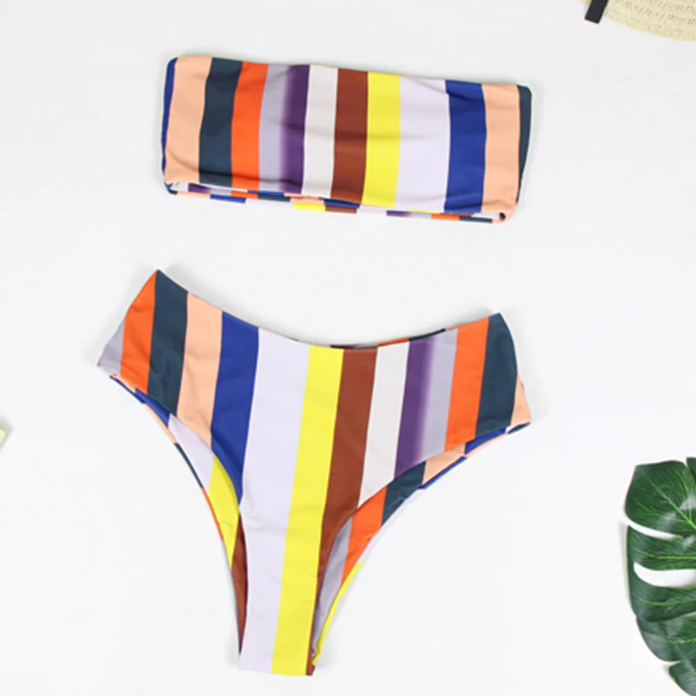 

2019 Summer Women Colorful Print Striped Tube Top Bikini Set Sexy Swimsuit Bathing Suit Swimwear Beachwear Dropshiping
