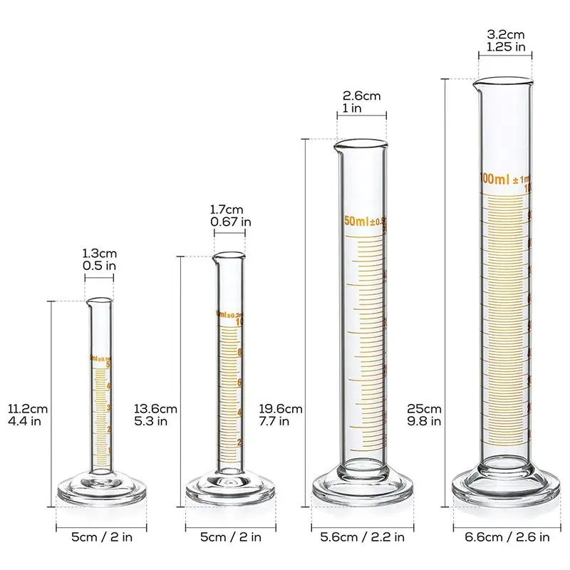 4 мерный цилиндр-5 мл, 10 мл, 50 мл, 100 мл-премиум стекло-содержит 2 щетки для очистки + 3x1 мл стеклянные пипетки