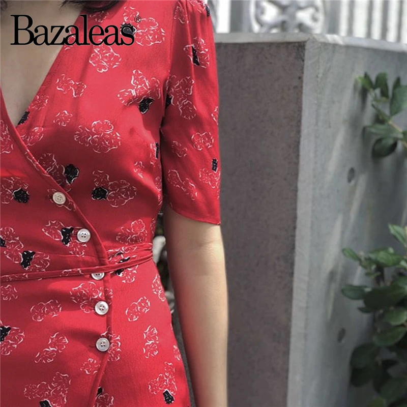 Bazaleas летнее платье с принтом букета темно-синее платье миди с запахом спереди платья с короткими рукавами винтажные платья на пуговицах и завязках спереди