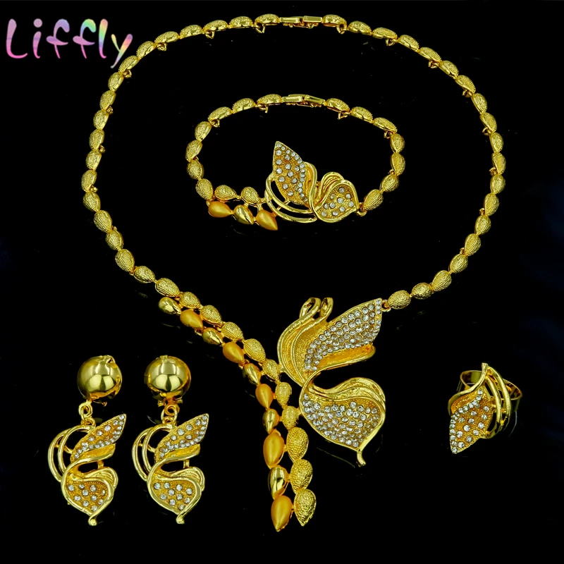 Дубай женский ювелирный набор свадебные ювелирные изделия 24 Бабочка Кристалл Африканский комплект ювелирных изделий ожерелье серьги кольцо браслет