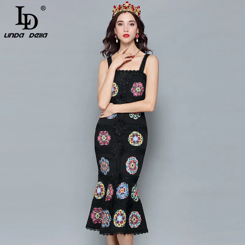 

LD LINDA DELLA Fashion Designer Summer Dress Women's Black Lace Floral Embroidery Midi Bodycon Dress Sexy Mermaid Party Dresses