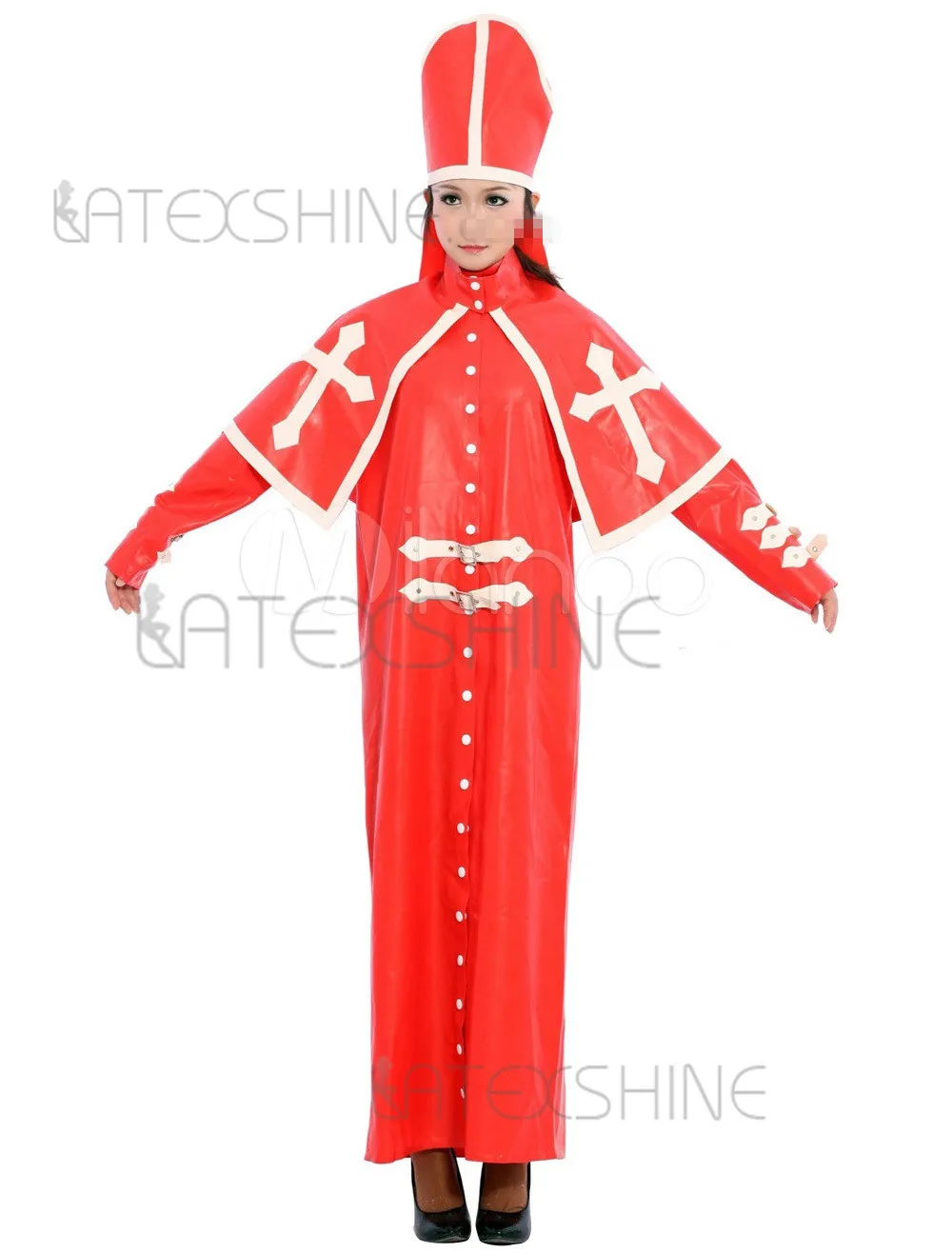 Стильный красный Нун латексный комбинезон сексуальное прямое длинное платье с шляпой