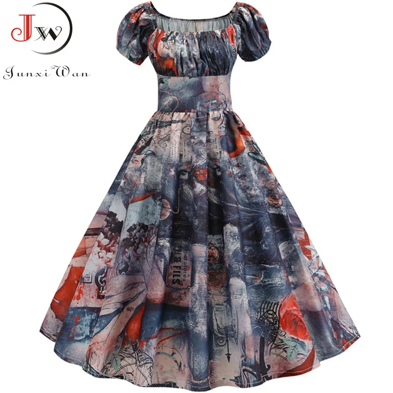 

Women Vintage Floral Printed Summer Dress Puff Sleeve Elegant A-line Midi Party Dress Robe 2019 Chic Rockabilly Pinup Vestidos