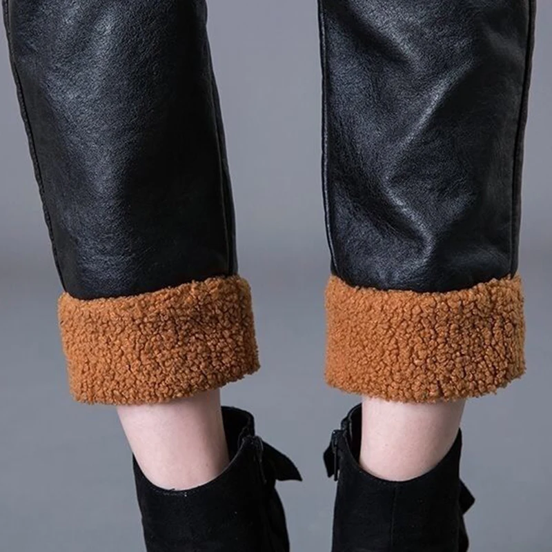 Осенне-зимние кожаные женские брюки длиной до щиколотки, модные однотонные Стрейчевые штаны-шаровары, повседневные эластичные брюки с высокой талией