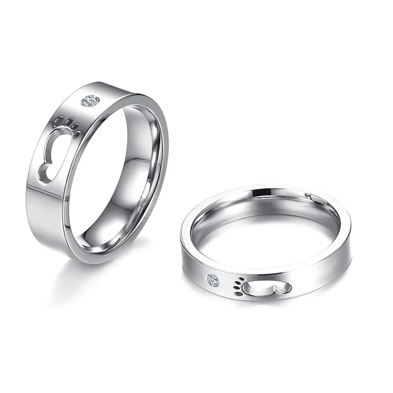 NEWBUY 2018 New Fashion Stainless Steel Hollow Out Feet Clear Cubic Zirconia Wedding Rings For Women Men Lovers' Couple Jewelry