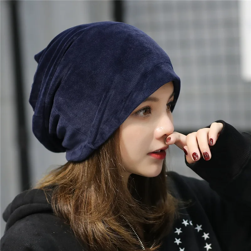 Autumn And Winter New Pattern Lint Head Cap Korean Solid Heap Hat Concise Leisure Time Earmuffs Baotou Confinement Hat - Цвет: Navy blue