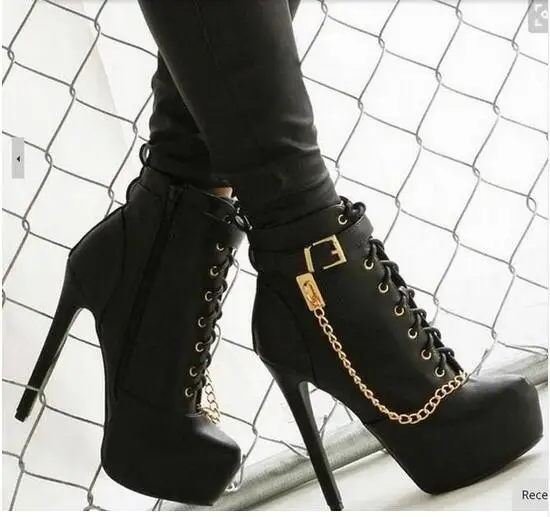

2019 Winter Autumn New Arrival Sexy Balck Leather Ankle Booties Cross Lace Up Buckles Strap Platform Stiletto Metal Chain Boots