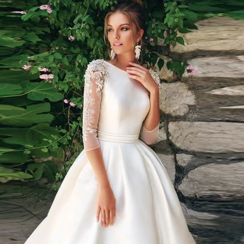 SUPER DESCUENTO ❤️ Vestido de novia de alta calidad, cuello redondo, 3/4 mangas, aplique de satén, línea A, cinturón plisado - discount item 41% OFF Bodas y eventos