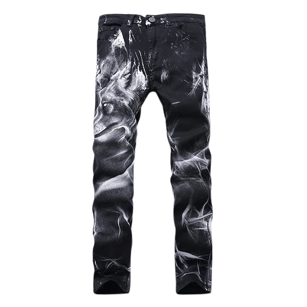 Mens Fashion Wolf Printing Black Straight Leg Denim Long Pants Jeans US Size 30-40