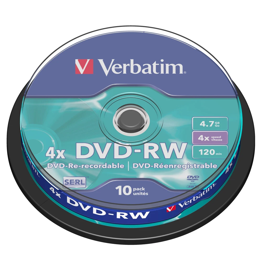 Verbatim DVD RW 4.7GB 10pk Spindle 4x Branded Rewritable Media Disc DVD 43552Blank Disks