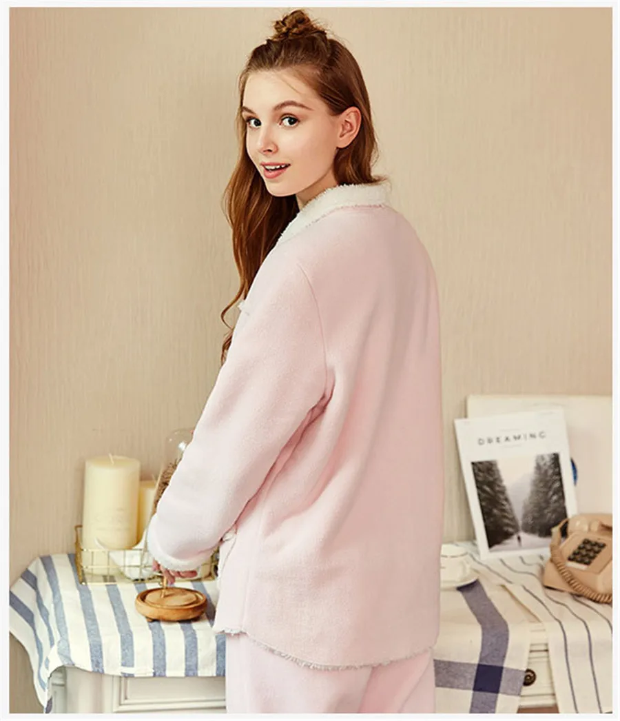 Для женщин пижамные комплекты новые зимние фланелевые теплые пижамы с отложным воротником милые пижамы длинные рукава Для женщин домашняя