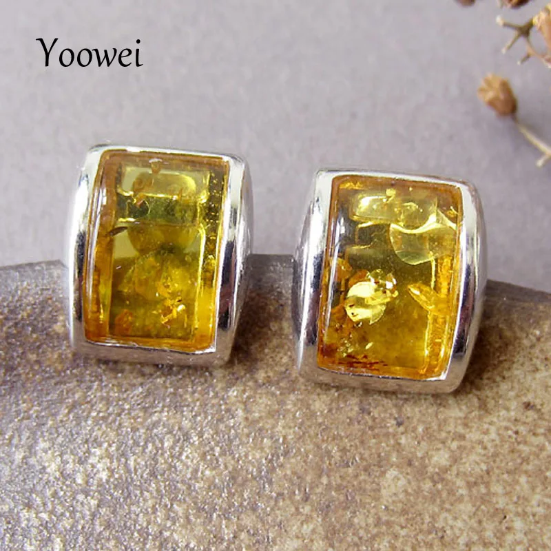

Yoowei Genuine Amber Earrings Sterling Silver Rectangle Form Stud Earrings Amber Gemstone Geometric Modern Jewelry Gifts Design