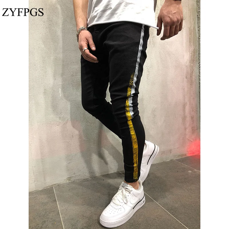 ZYFPGS новый хип хоп мужские джинсовые байкерские джинсы Slim Fit черные тонкие