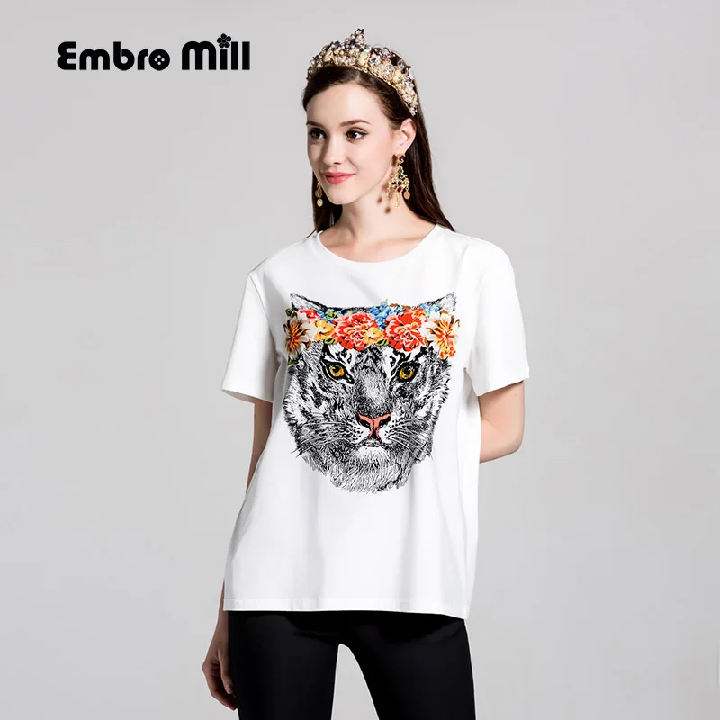 High end women blouse shirt summer runway new print tiger short sleeve