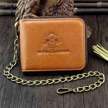 

Vintage Skull Zipper Many Card Holder Men's Leathr Wallet With Chain