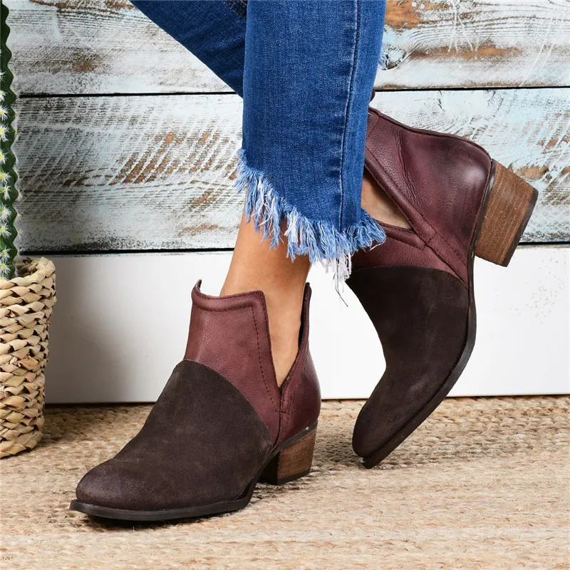 

EOEODOIT Plus Size Spring Autumn Boots Short Ankle Martin Shoes Women Slip On Pointy Toe Med Chunky Block Heels Leather Boto