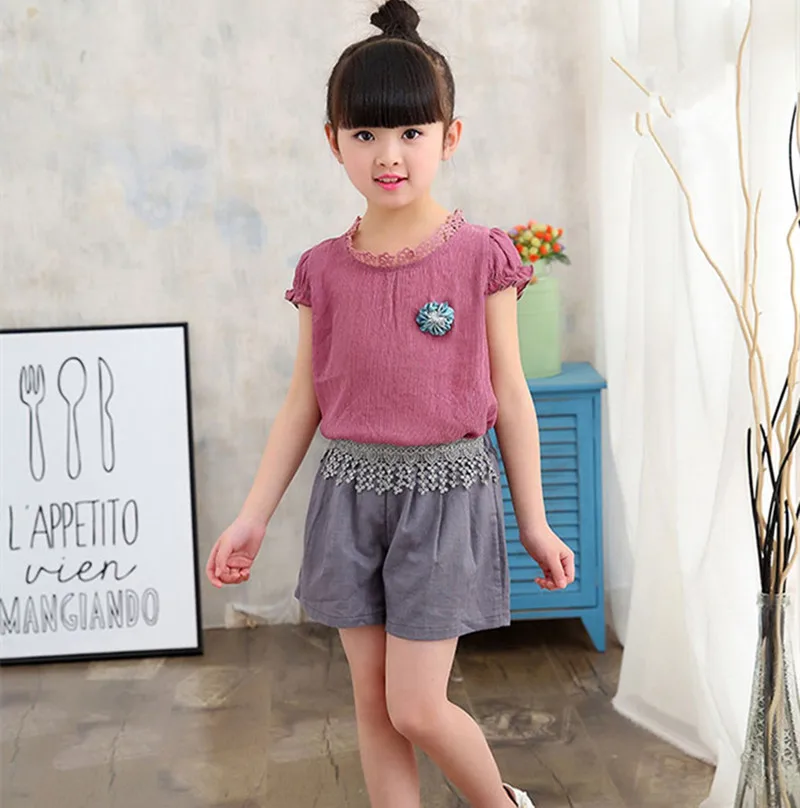 

2018 Summer Girls Clothes Set Fashion Casual Short Sleeve Girl Children Clothing Set 2 Pieces T-Shirt + Pants Color Purple /Blue
