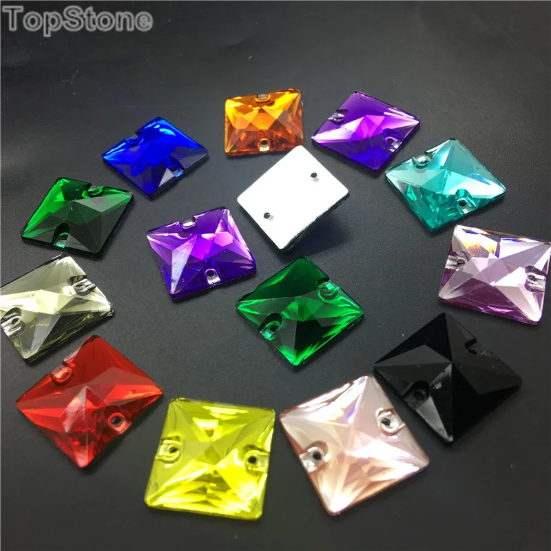 TopStone 10 мм, 16 мм Цвета квадратные полимерные пришить плоская подставка из горного хрусталя Sew On Stone для платья одежды