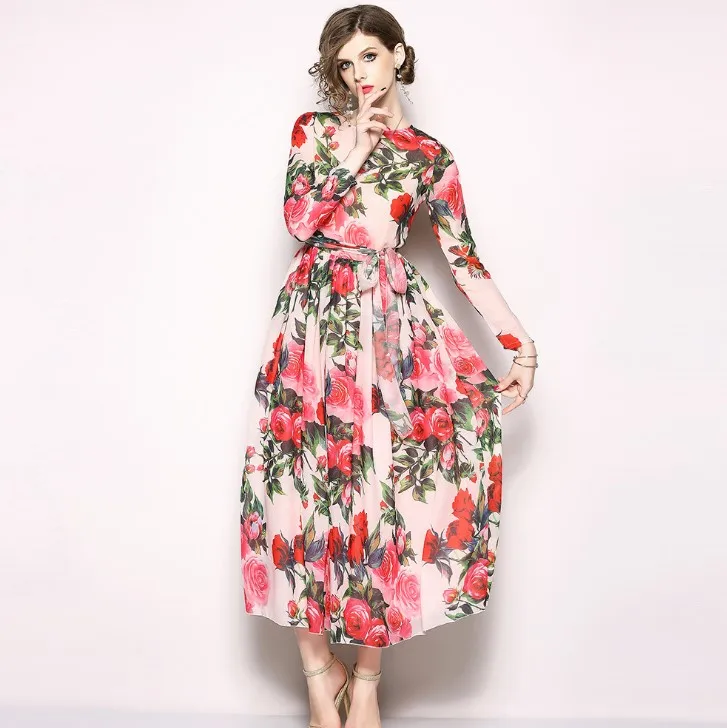 

Autumn New Vintage Printed Chiffon O Neck Dress Long Sleeve Slim Fit Long Dress European Style Elastic Waist A-line Long Dress