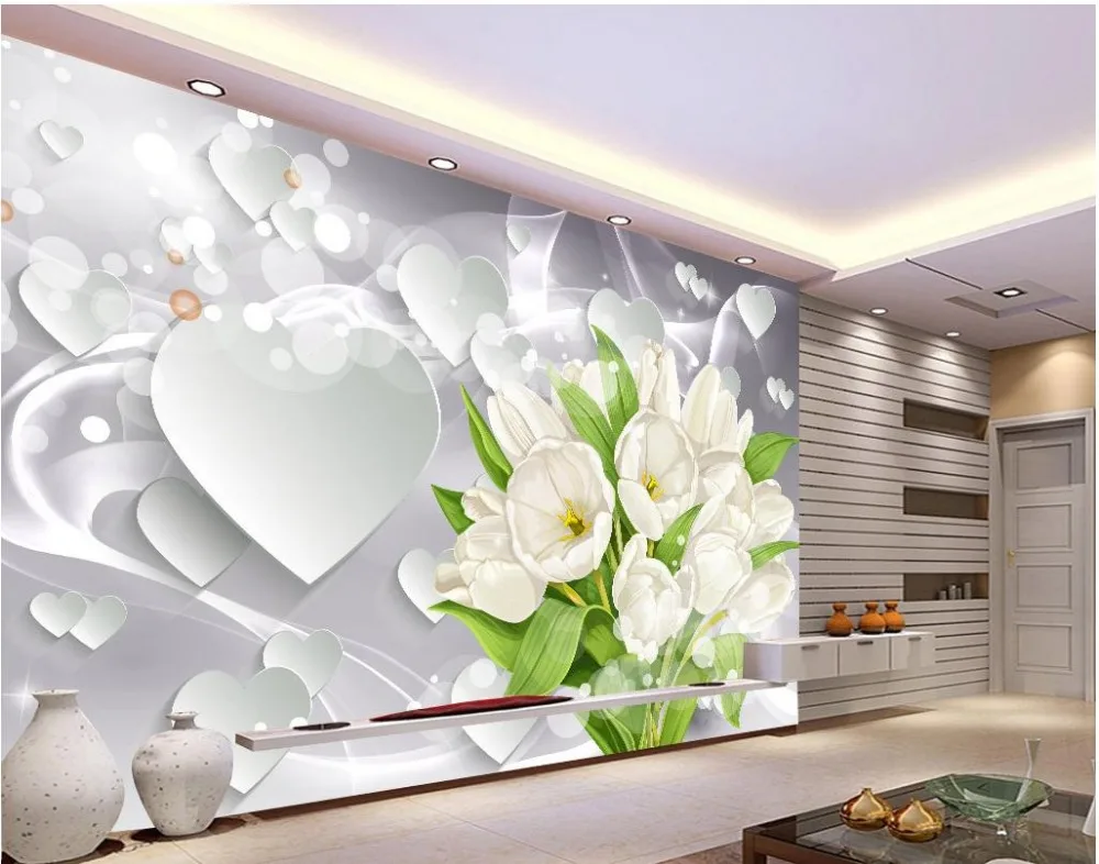 Kustom 3d Wallpaper Putih Tulip Bouquet Jantung Latar