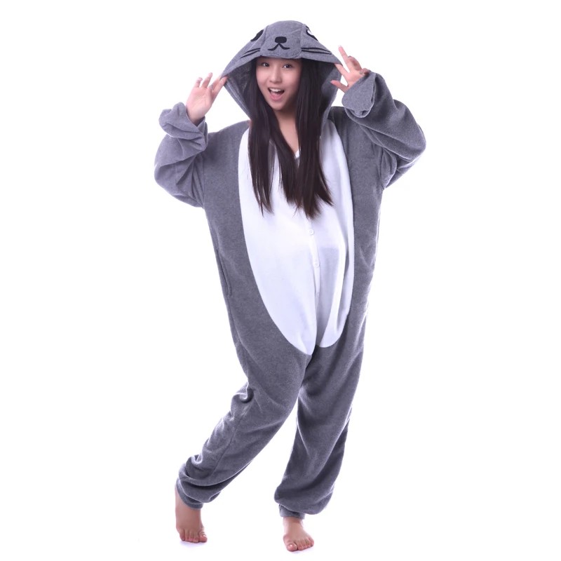 Кигуруми серый уплотнение onesies Пижама Костюм для сна Унисекс Взрослые пижамы Косплей костюмы животных Onesie пижамы комбинезон для мужчин и женщин