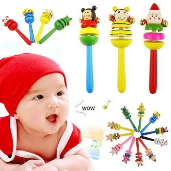 

Hot Selling Baby Wood Rattles Cartoon Handbell Kindergarten Crib Toy Infant Education Toys @