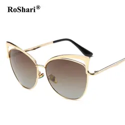 RoShari кошачий глаз женские солнцезащитные очки в стиле ретро пирсинг розовое золото металл HD поляризационные Защита от солнца очки для