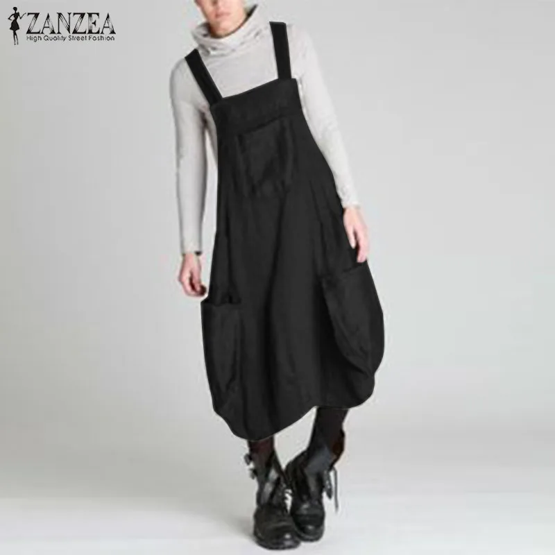 

Women's Sundress ZANZEA 2019 Autumn Summer Overalls Dress Casual Loose Suspender Vestido Female Pockets Robe Femme Staps Dress