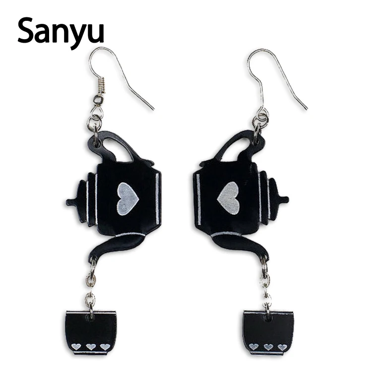 

New Fashion Laser Carving Funny Tea Pot Tea Cup Acrylice Drop Earrings Peach Heart Shape Fun Dangle Earrings Women Girl Brincos