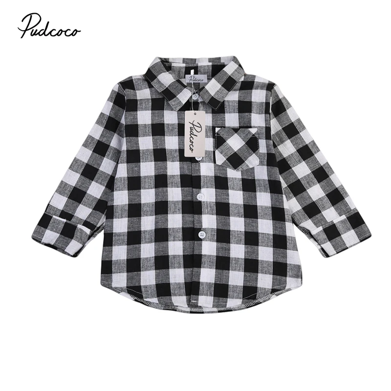 Pudcoco От 1 до 7 лет рубашка с длинными рукавами для маленьких мальчиков и девочек клетчатые черно-белые клетчатые топы, Блузки повседневные рубашки, одежда