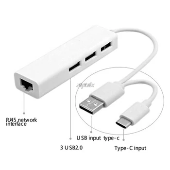 

USB Type-C/USB 2.0 To LAN/RJ45 Ethernet Network Adapter Cable+3 USB 3.0 Port Hub Drop ship