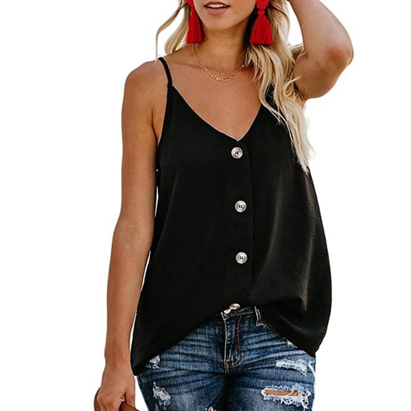 

2019 New Solid Color Women Blouses Sexy Sleeveless Shirts Women Casual Loose Summer Tops V Neck Button Blouse Tops Femme