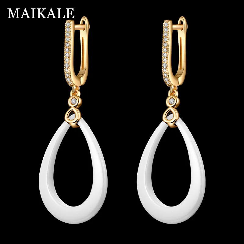 MAIKALE Korean Waterdrop Ceramic Drop Earrings for Women Copper Cubic Zirconia Black White Earings Gold Silver Jewelry Send Gift