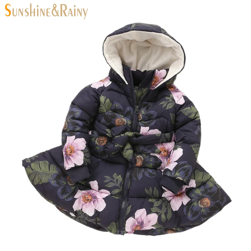 

Winter Girls Coats Printed Flowers Baby Girl Warm Coat Kids Padded Long Jackets Hooded Parkas For Girls Children's Outerwear