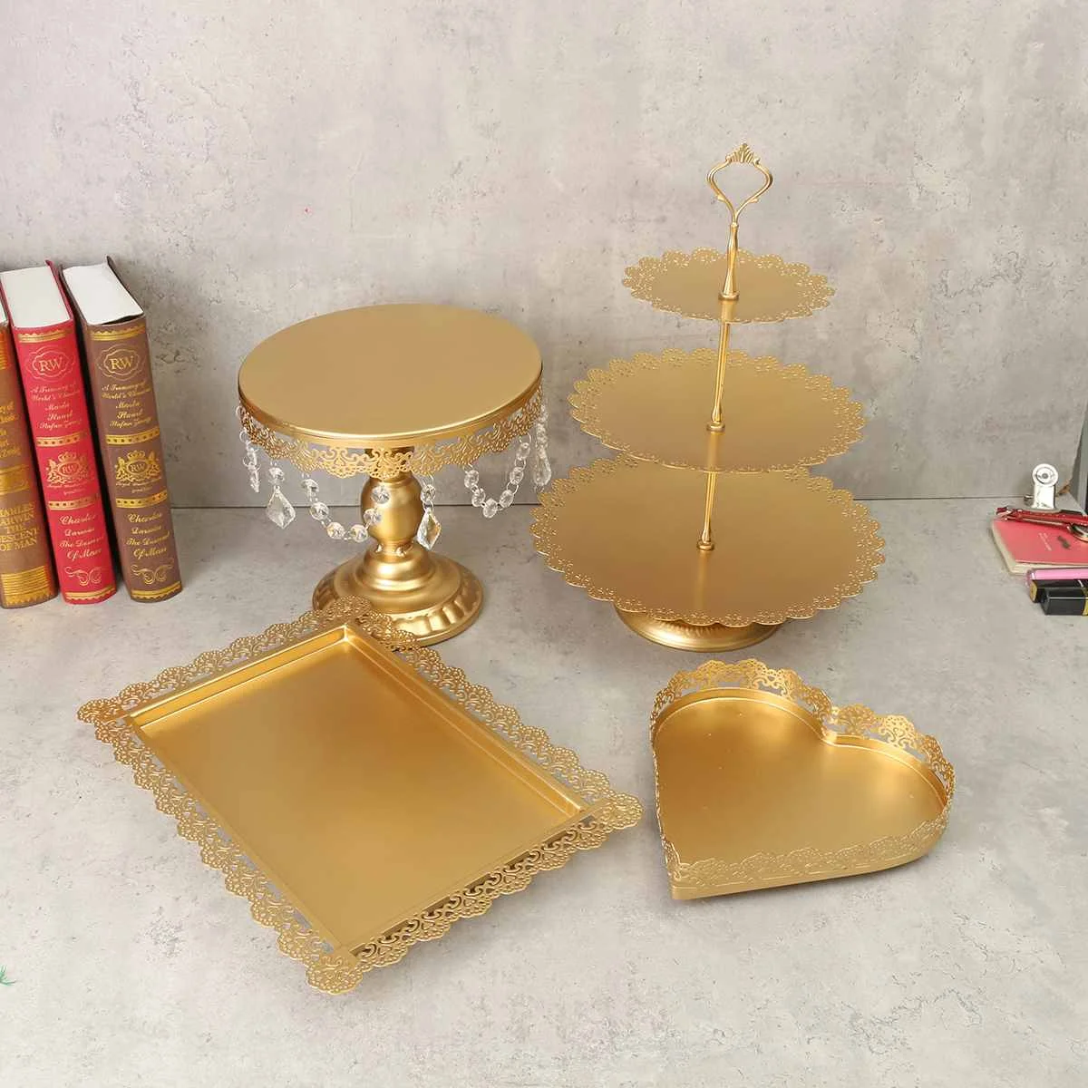  6pcs/set Gold White Metal Grand Baker Cake Stand Set Wedding Cake Tools Fondant Cake Display Kit Fo