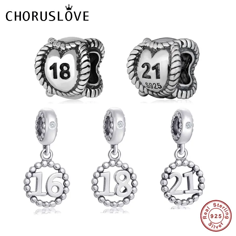 Choruslove счастливый номер 16 18 21 Сообщение Шарм 925 стерлингового серебра день рождения вехи 21 Бусины fit Pandora юбилейный браслет
