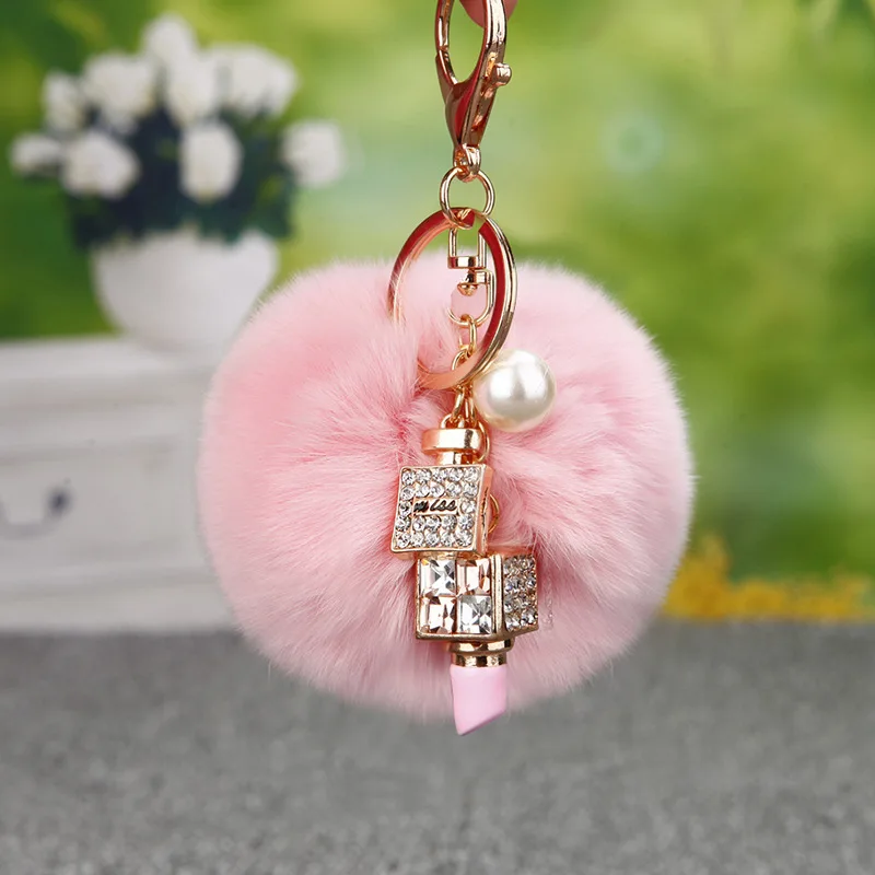 

Rabbit Fur Pom Pom Pearl Keychain diy Canada bulk Lipstick Rhinestones Keyring Women Bag Charm Key Holder Pendant Porte Clef