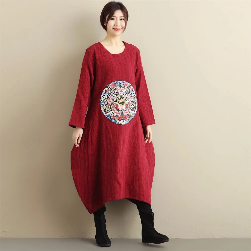 

LZJN Round Neck Fall Winter Shirt Dress Women Long Sleeve Vintage Robe Jacquard Gown Floral Embroidery Dress with Pockets MF-62