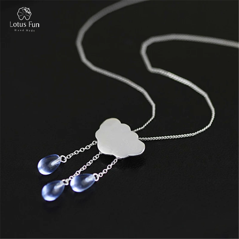 Lotus Fun Brand 925 Sterling Silver Pendant for Women Teardrop Crystal Cloud Rain Tassels Pendants without Chain Fine Jewelry