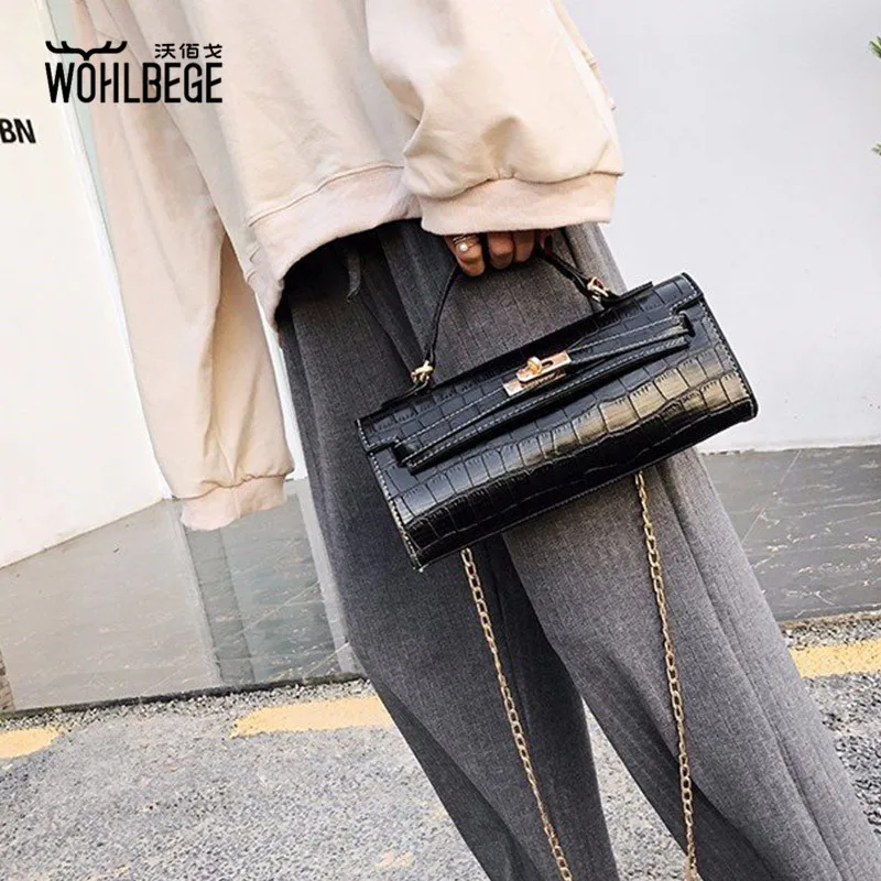 

Women Crocodile Strips PU Small Square Bag Solid Color Shoulders Messenger Bag Lang Firkantet Pakke
