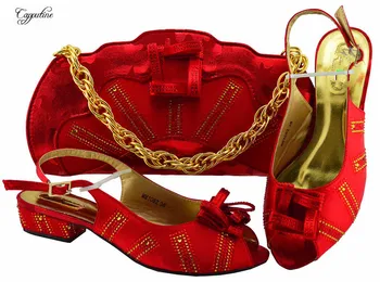 

Excellent red African medium heel buckle shoes and handbag sets with rhinestones for wedding/party MM1082 many color