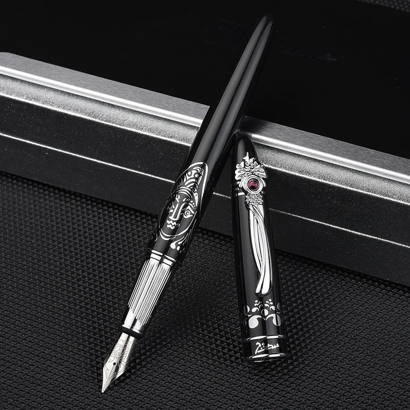 Уникальный серебряный зажим с драгоценным камнем Пикассо Pimio черная перьевая ручка высокого класса деловой Новогодний подарок 0,5 мм чернильные ручки с подарочной коробкой - Цвет: black
