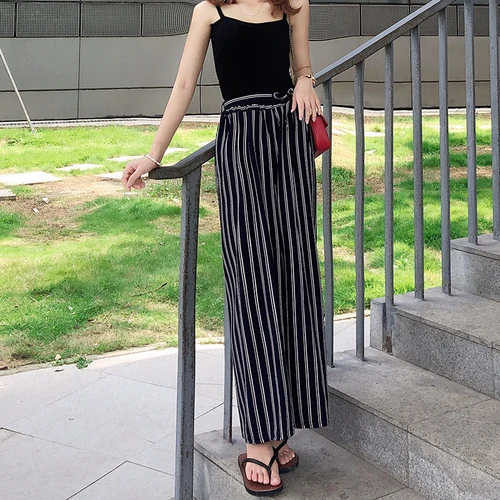 

Streetwear Trousers Women Summer 2019 Korean Style Casual Loose Bow High Waist Wide Leg Pants Striped Palazzo Pants Black B310