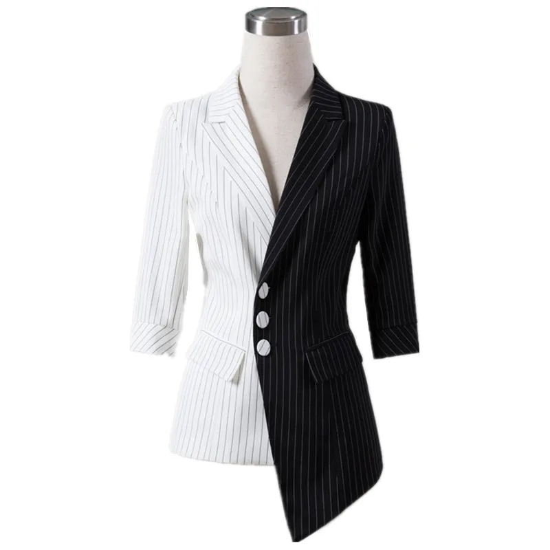 England Style White Black Striped Blazer Women Elegant Office Suit Ladies Work Suits Women Blazer Half Sleeve Stitching jacket