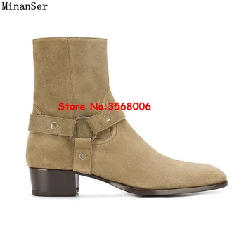 

Brown Gray Black Men Outdoor Fashion Rome Designed Ankle Boots Suede Short Man Chelsea Boots Buckle Strap Zipper Flats Shoes