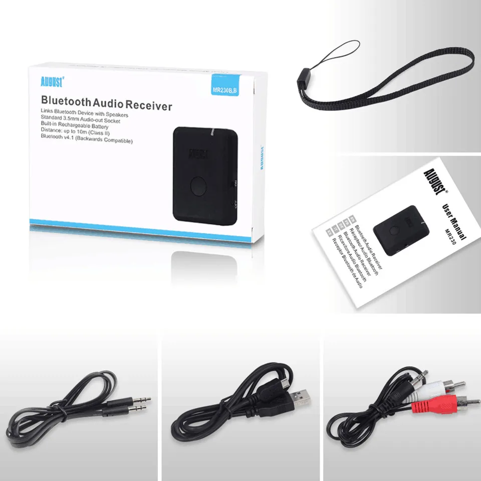 August MR230B B Bluetooth v4 1 Audio Receiver Wireless Music Adapter for Car Hifi Speakers Headphones 3 5mm and 2RAC Aux Out