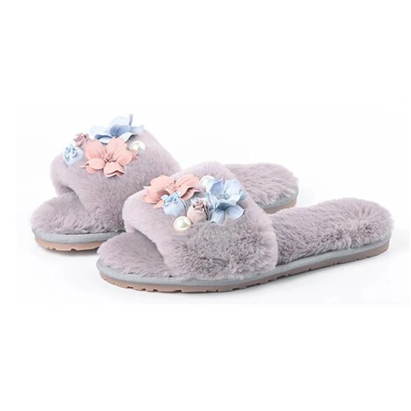 hot sale fur Home Slippers Cotton slippers Winter Woman Slip on Flats Female plush Flops Faux Fur Warm Shoes Bow decor dd065