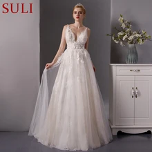 SL-6077 глубокий вырез кружева пляж свадебное платье Длинный Шлейф Свадебное платье